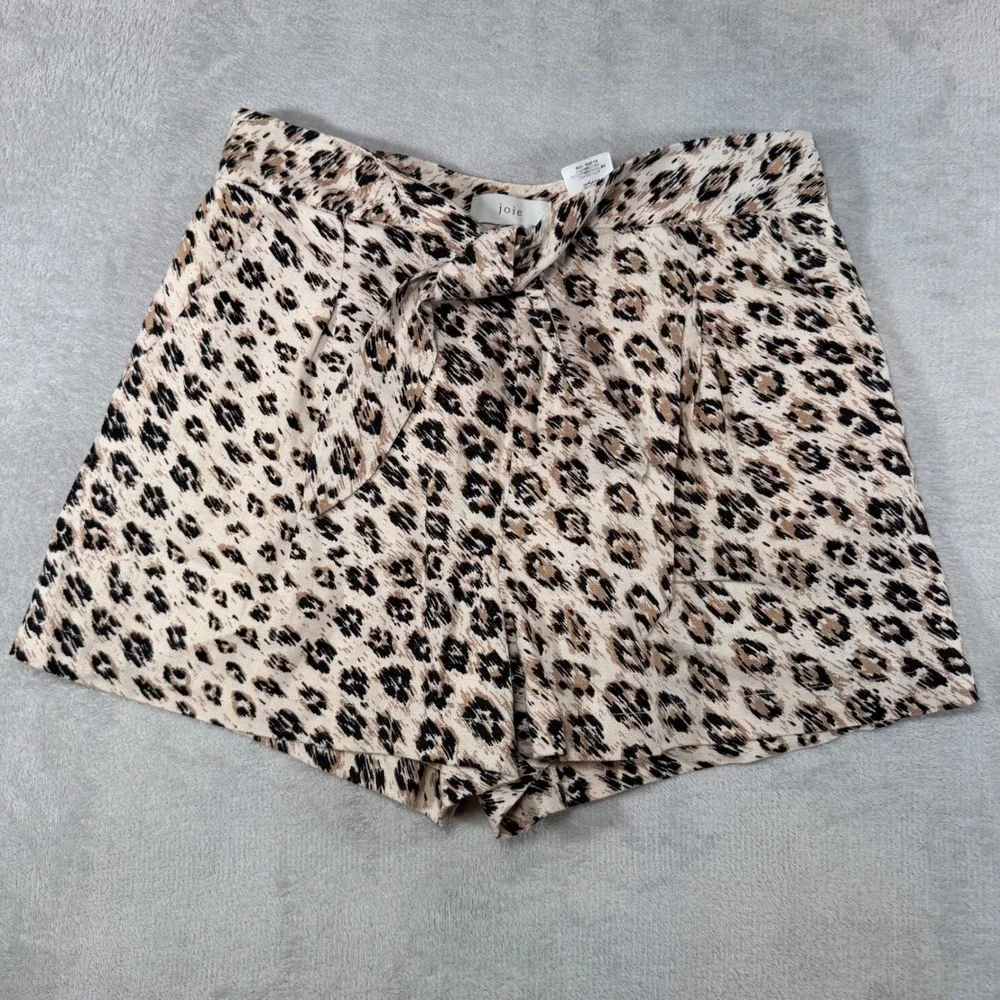 Joie‎ Leopard Print Linen Tie Waist Shorts Tan Black Size 6 19-2-005432-SH00724